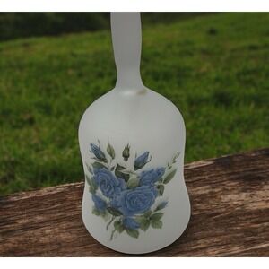 Viking USA Satin Frosted Glass Bell Blue Flower Roses Design Clapper Art Vintage